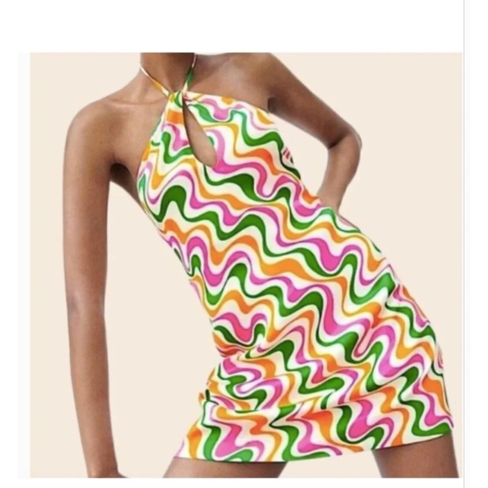 Zara Womens Retro Psychedelic Wavy Print Halter Mini Dress Pink‎ Green Orange S